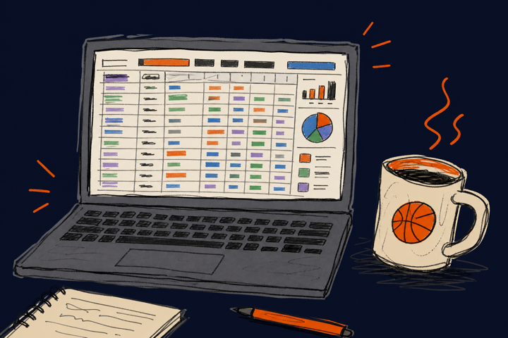 Sketch of a laptop with fantasy stats and a coffee mug